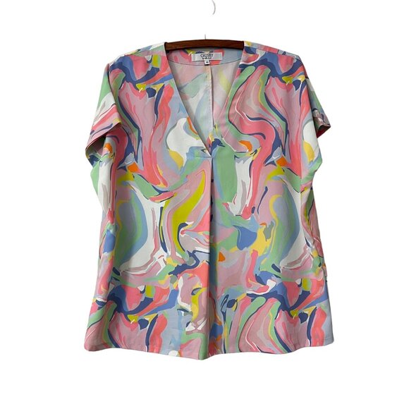 Crosby Mollie Burch Pastel Swirl Pattern Crepe Vneck Blouse Size XSmall - Picture 1 of 5
